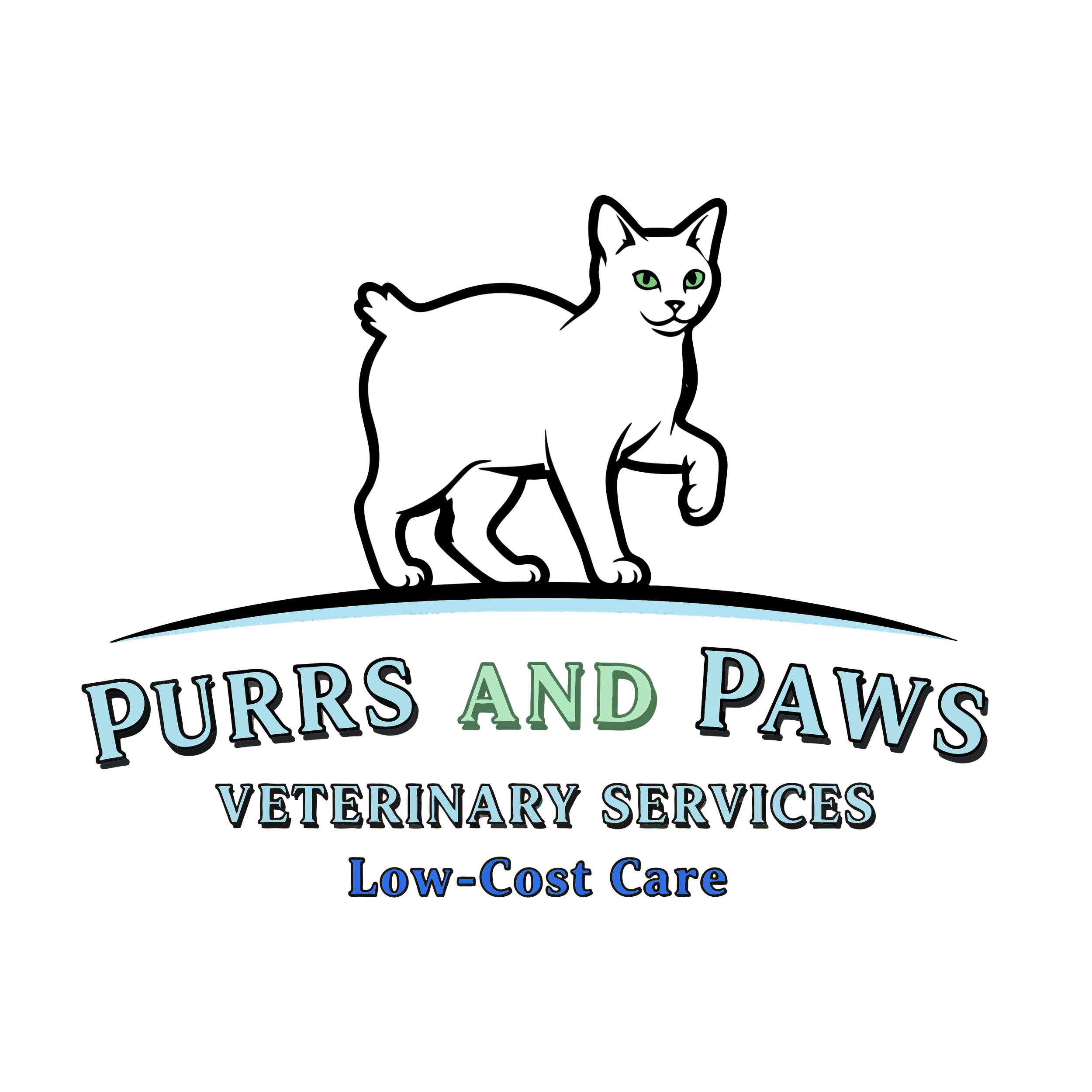 Logo of Purrs and Paws Veterinary Services featuring a white cat with green eyes standing on a curved line.