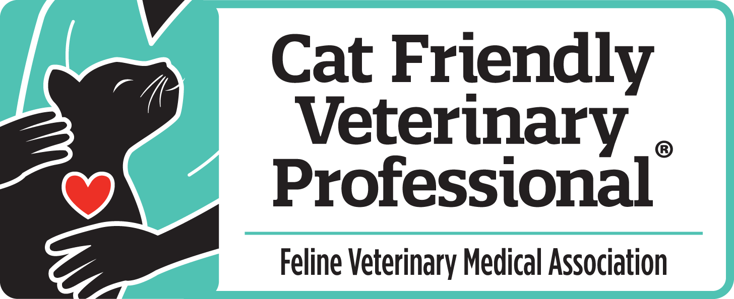Logo for Cat Friendly Veterinary Professional, Feline Veterinary Medical Association, featuring a black cat being petted by a hand with a red heart.