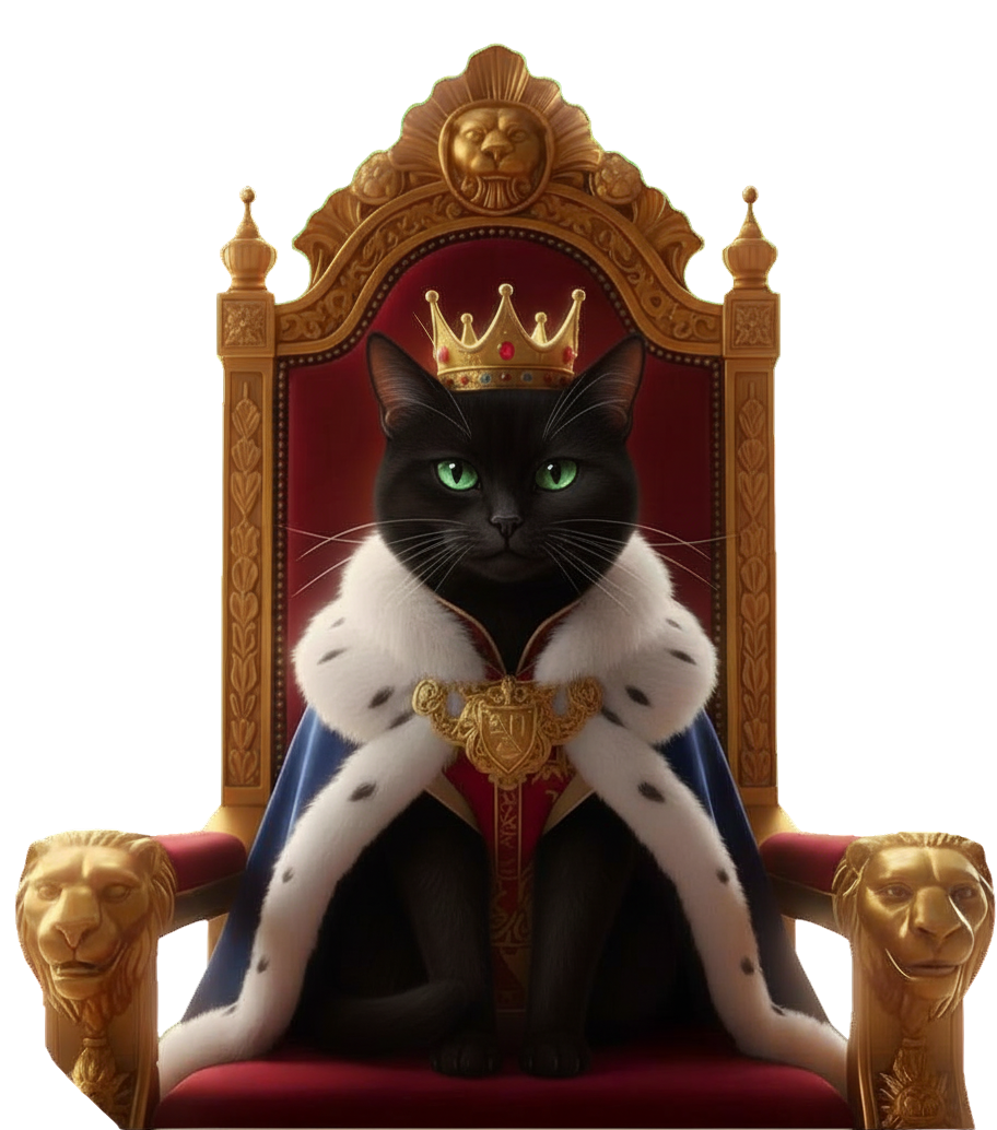 A black cat with green eyes sitting on a throne, wearing a golden crown and a royal cape with a fur collar.