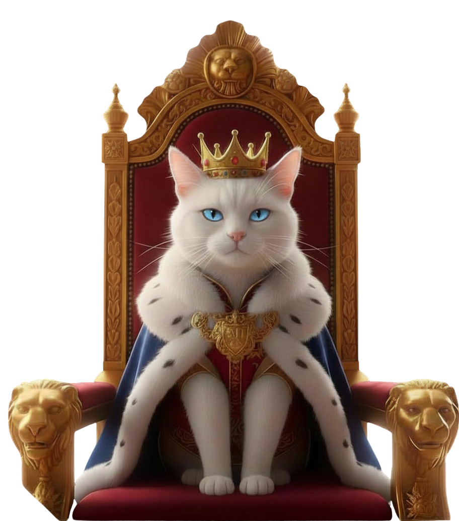 A white cat with blue eyes wearing a royal crown and cape, sitting on an ornate throne with lion head armrests, resembling a king.