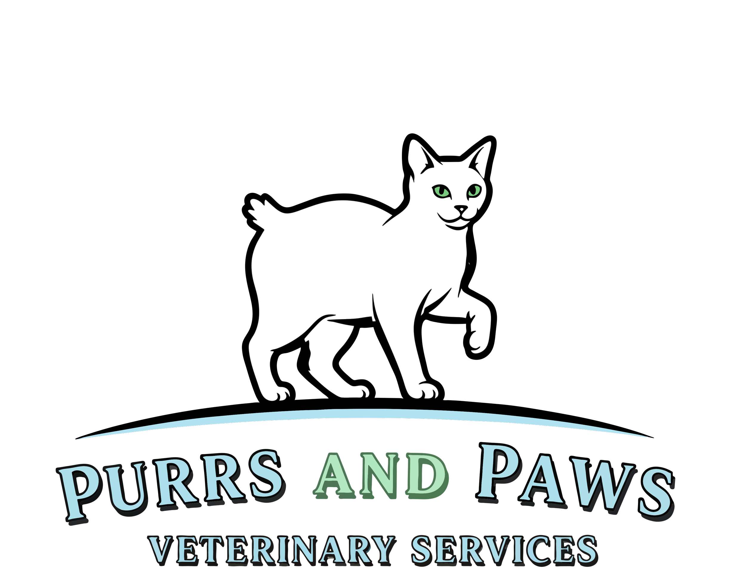 Logo for Purrs and Paws Veterinary Services featuring a white cat with green eyes standing on a curved line with the text 'Purrs and Paws Veterinary Services' underneath.