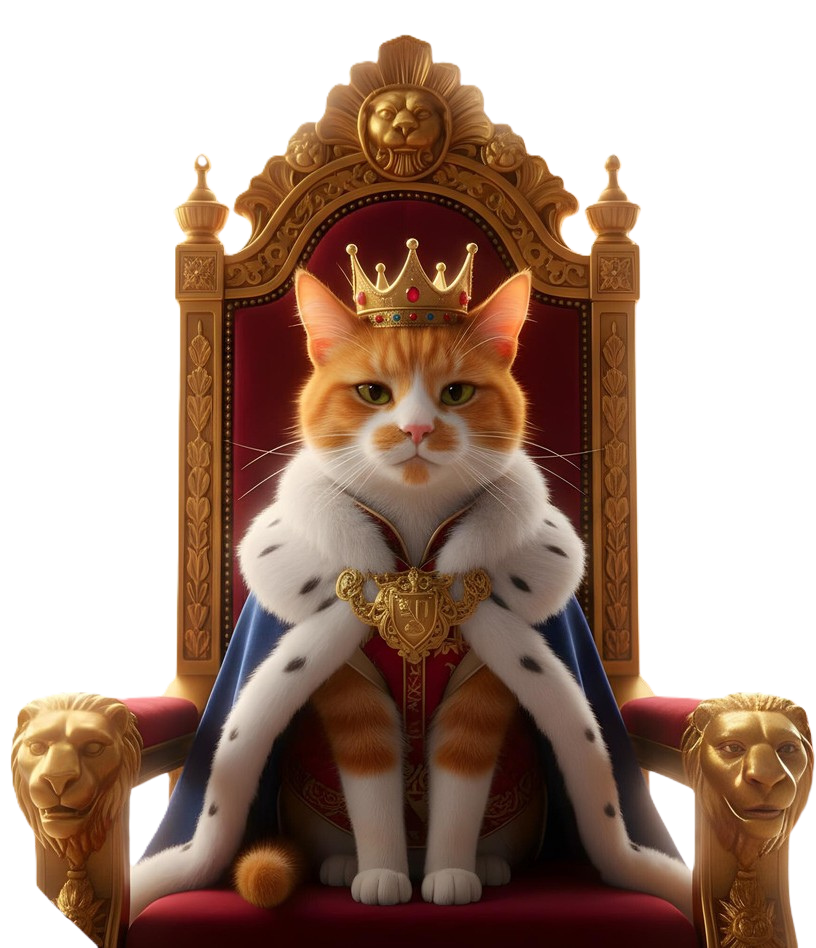 An orange and white cat wearing a gold crown, royal cape, and sitting on a throne with lion head armrests.