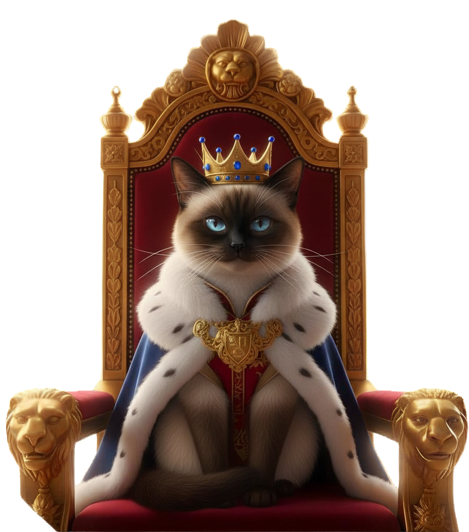 A photo of a Siamese cat with blue eyes, seated on a regal throne, wearing a gold crown with blue jewels, a royal cape with a fur collar, and a gold medallion.