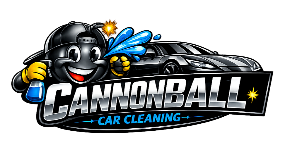 Logo for Cannonball Car Cleaning featuring a cartoon bomb character wearing a baseball cap, holding a spray bottle, and smiling next to a black sports car with a water spray effect.