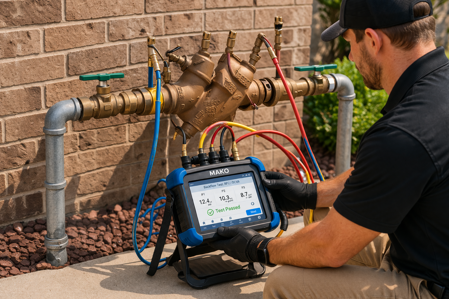 Technician testing backflow system with a digital device connected to pipes and valves outside a brick building.