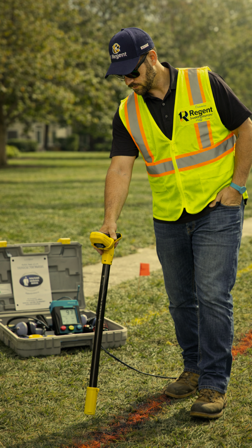 A man wearing a blue cap, sunglasses, and a neon yellow safety vest is holding a locating device on grassy ground in a park. There is a gray case with equipment and a device nearby.
