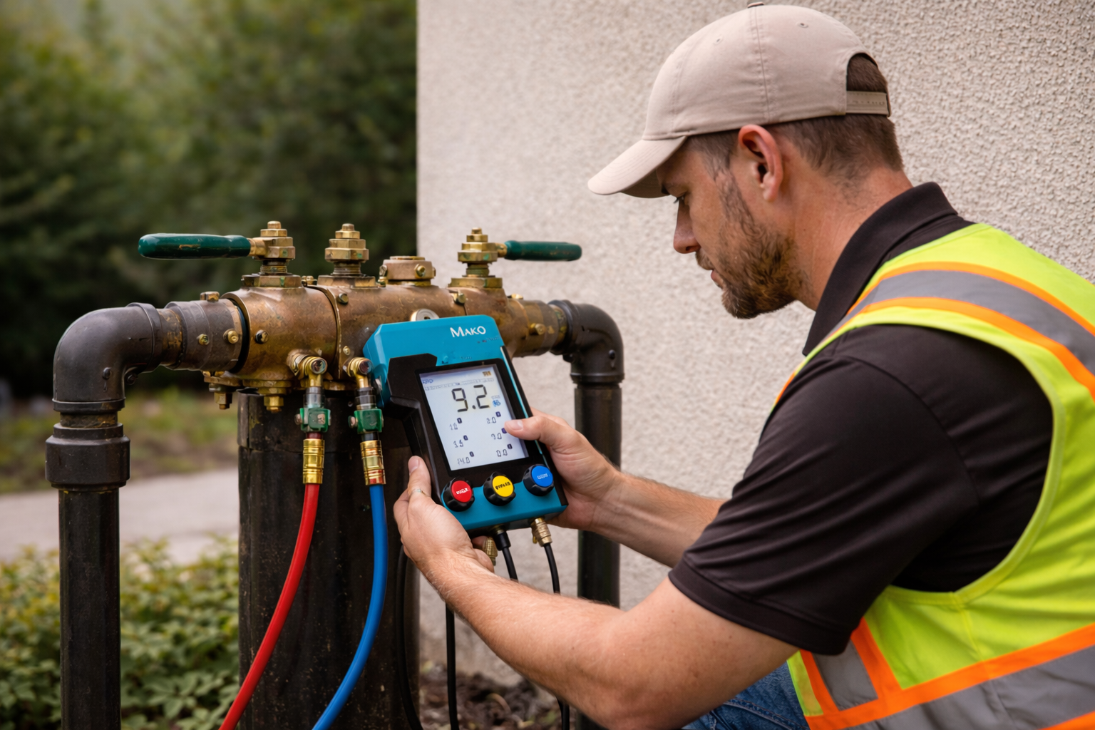 A technician in a high-visibility vest checks water pressure with a digital gauge attached to plumbing pipes outside near a wall.