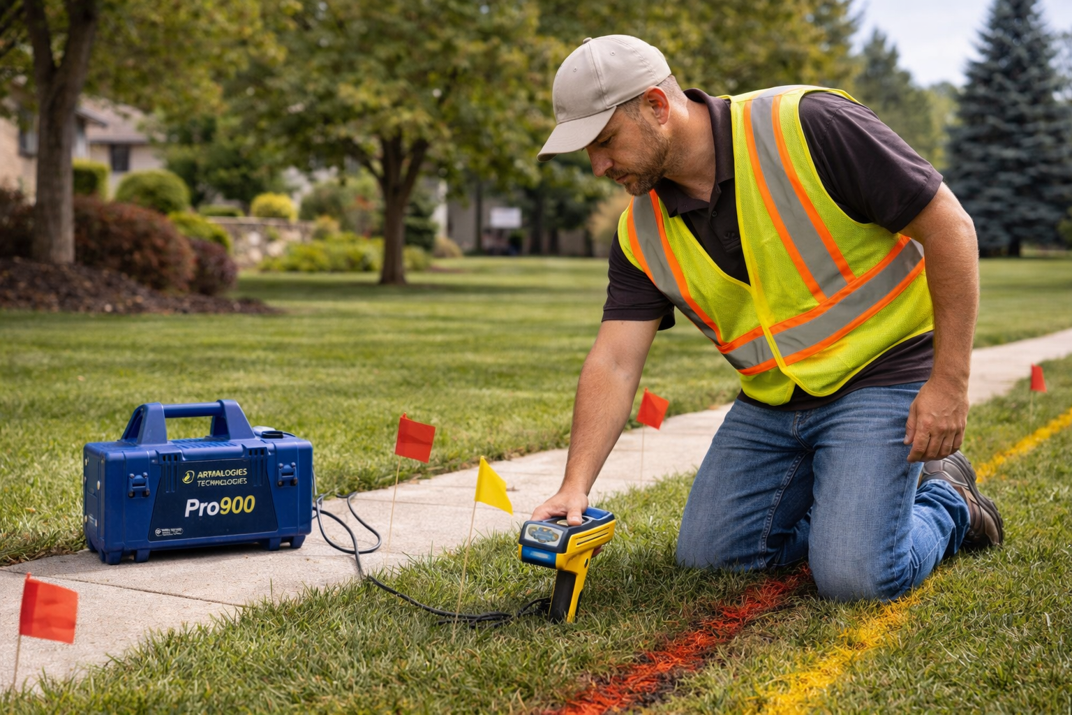 A man in a yellow safety vest uses a locating device next to a sidewalk on a grassy lawn, with small red and yellow flags marking the area, in a suburban neighborhood with trees and houses in the background.