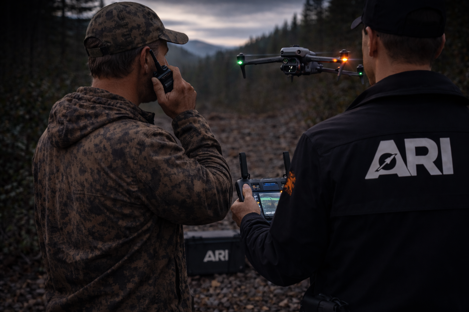 Two men operating a drone in a wooded outdoor area during dusk. One man wears camouflage clothing and talks on a radio, while the other wears black clothing with 'ARI' on the back and controls the drone.