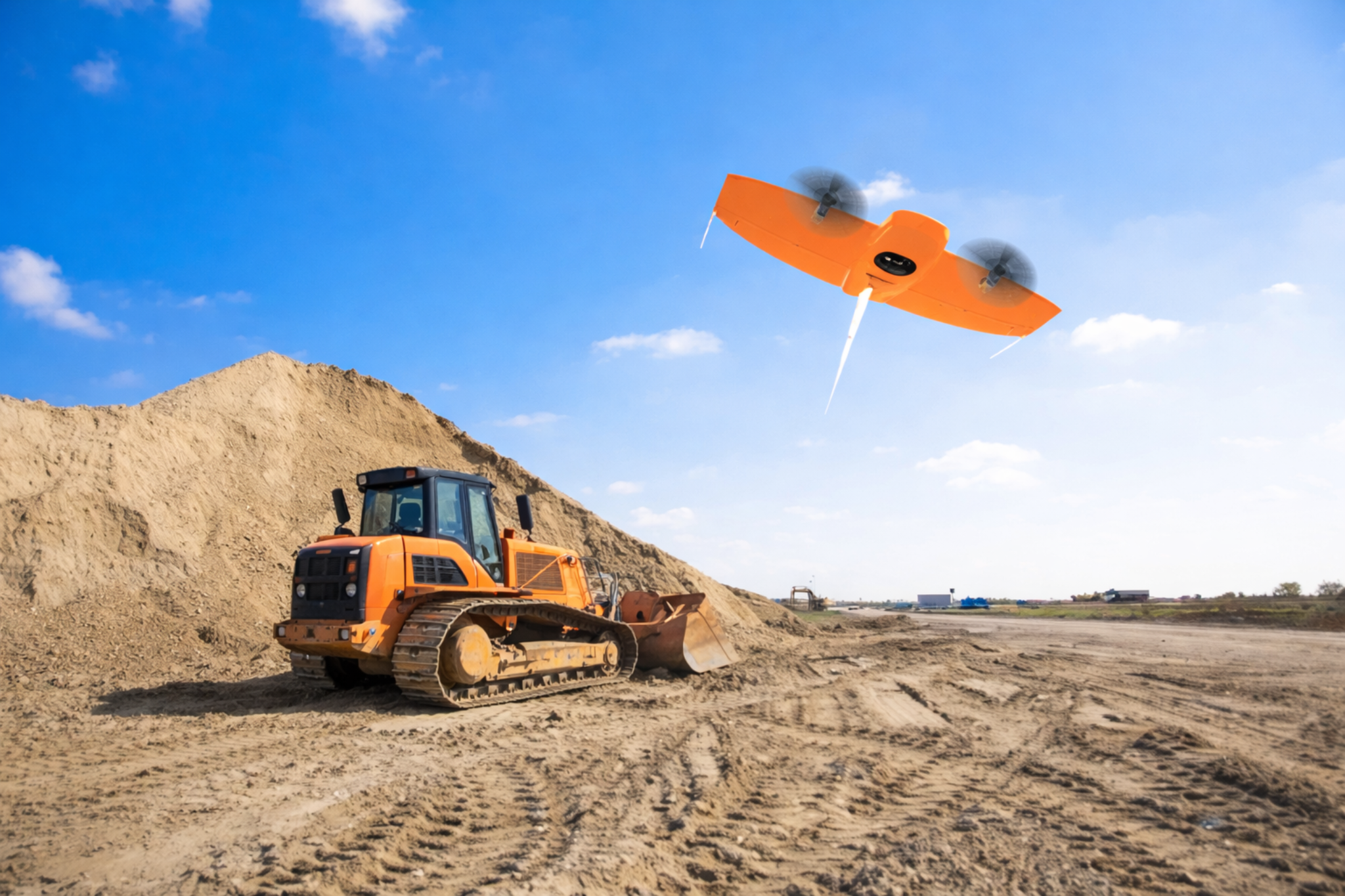Construction site with a bulldozer on dirt and an orange drone flying overhead against a blue sky with scattered clouds.