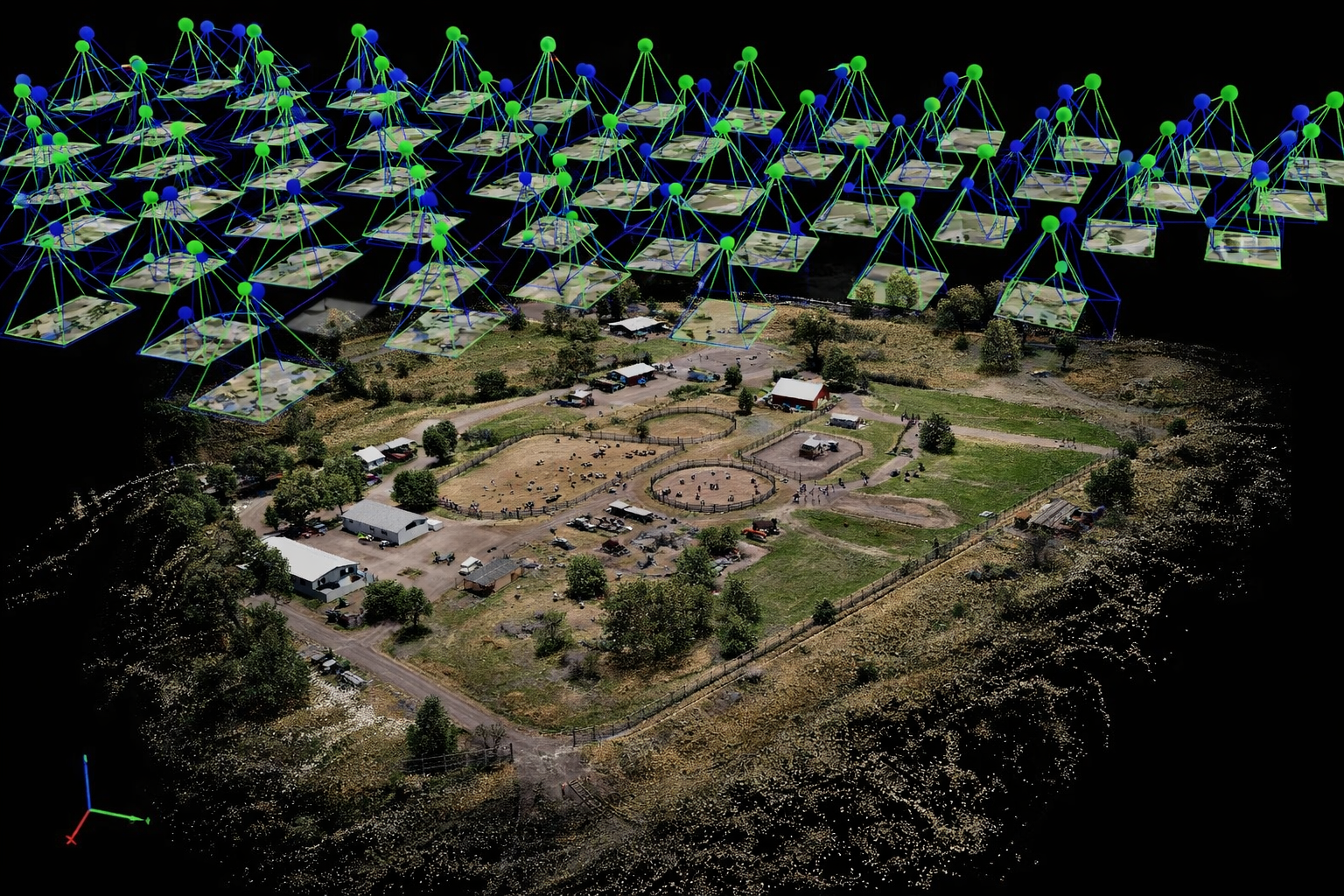 A 3D digital rendering overlay shows a network of interconnected points above a rural farm area with barns, animals, and trees.