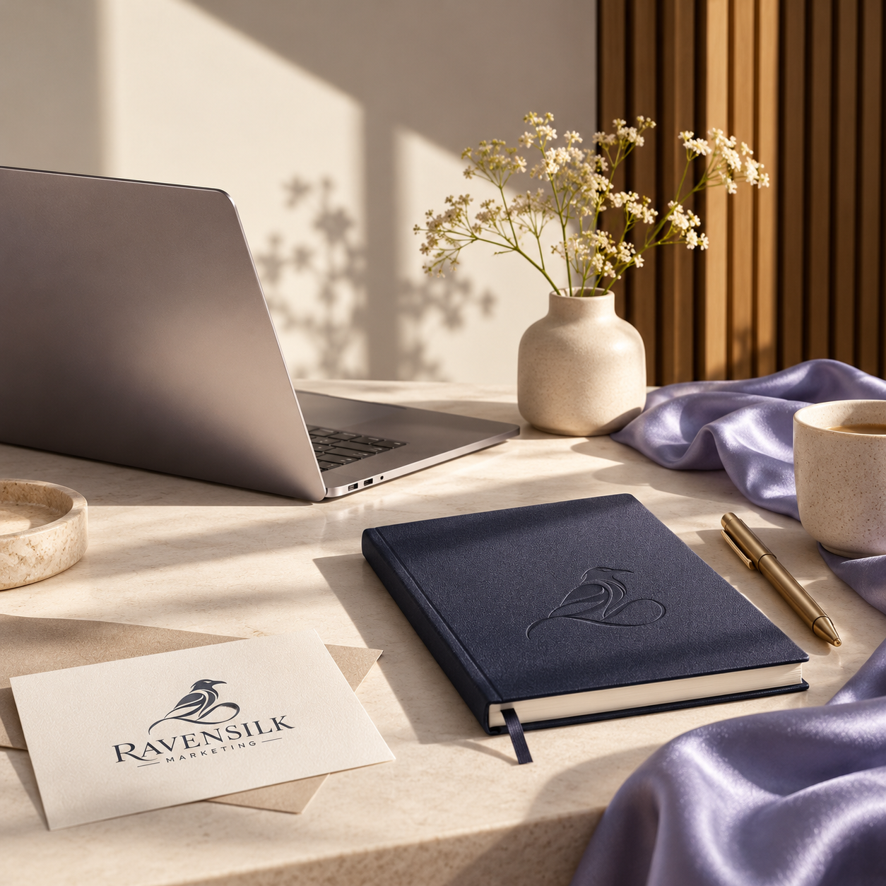 A workspace with a silver laptop, a beige vase with white flowers, a dark blue notebook, a gold pen, a beige bowl, a mug, and a card with a logo reading 'RAVENSILK MARKETING' on a marble desk, with sunlight and shadows.