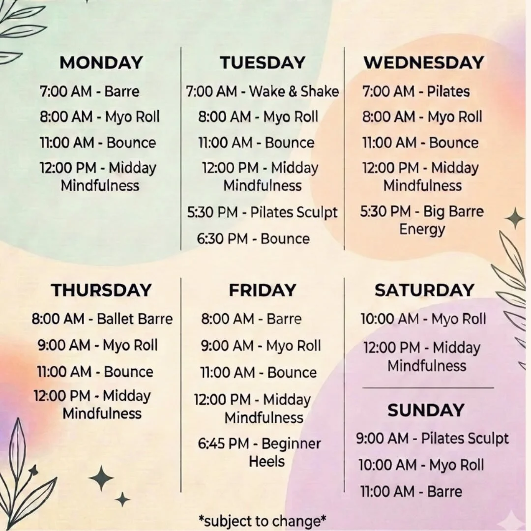 This week at LunaTerra 🌙
✨ Barre
✨ Myofascial Rolling
✨ Midday Mindfulness
✨ Heels + more
✨Pilates Sculpt.  Move, reset, and reconnect with us all week long.