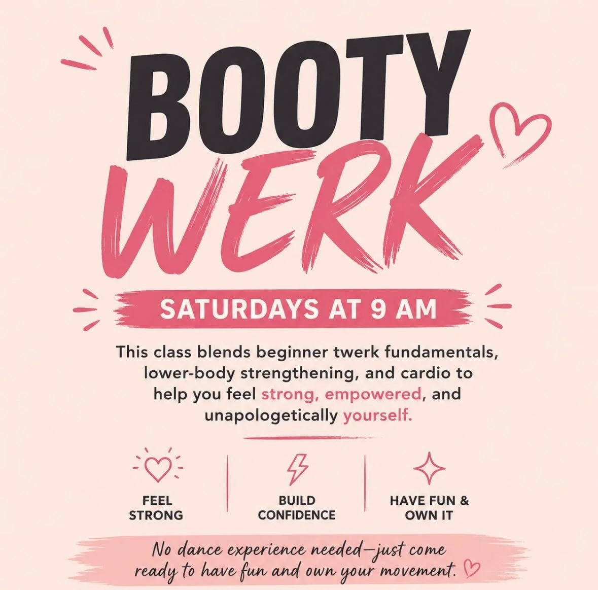 ‼️NEW CLASS ALERT‼️. Saturdays at 9AM with K @biggirlenergy22 💕  This class blends beginner twerk fundamentals, lower-body strengthening, and cardio to help you feel strong, empowered, and unapologetically yourself. No dance experience needed - just