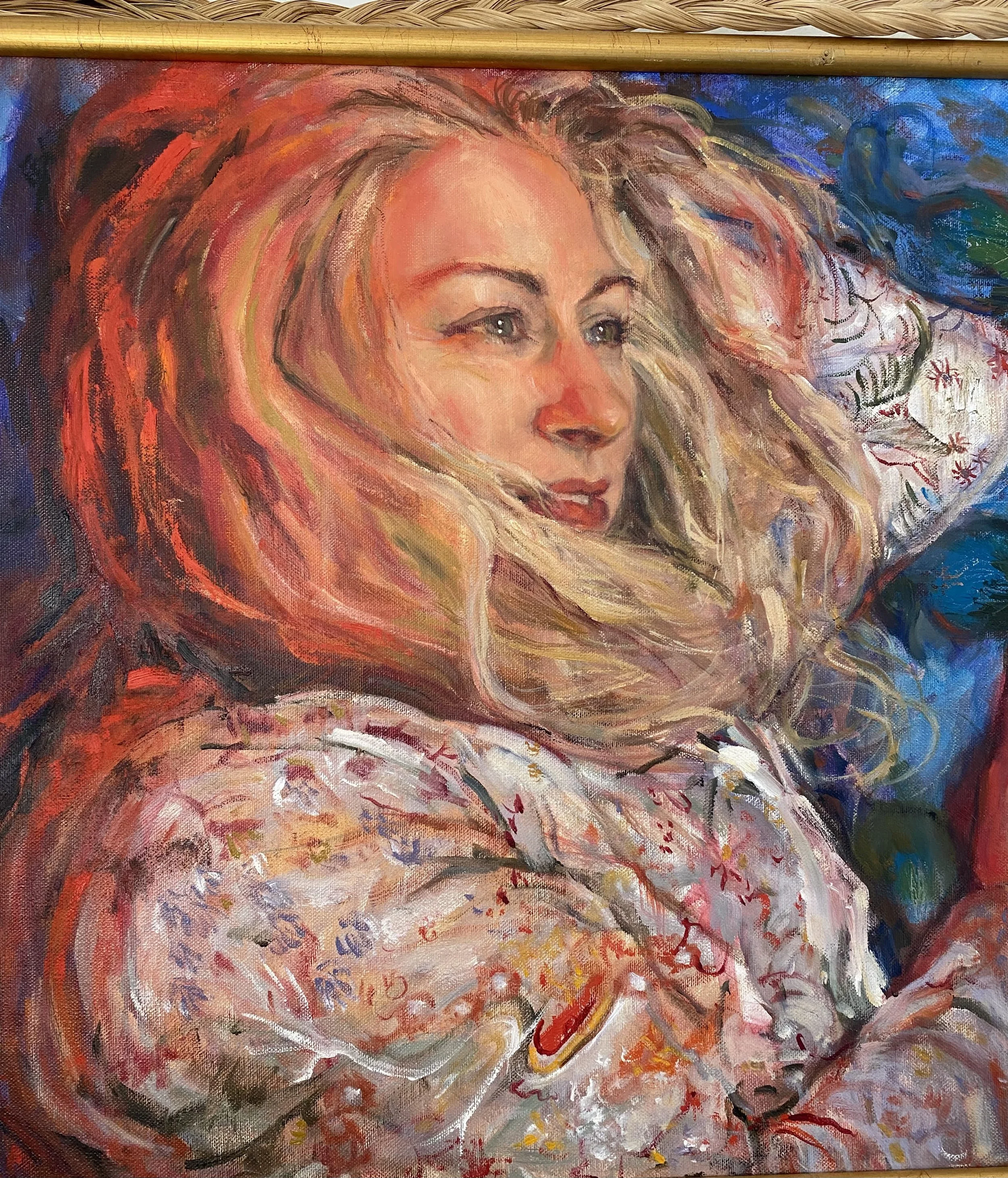A colorful portrait painting of Margaret with long, flowing blonde hair, gazing attentively to the side, with a patterned white garment, painting style is impressionistic with visible brushstrokes and vibrant colors.