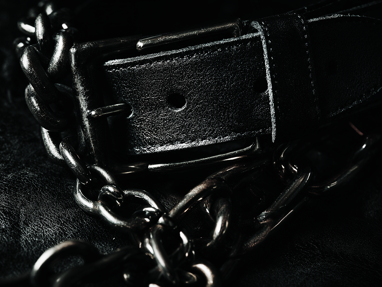 Close-up image of a black leather belt with a metallic buckle and chain.