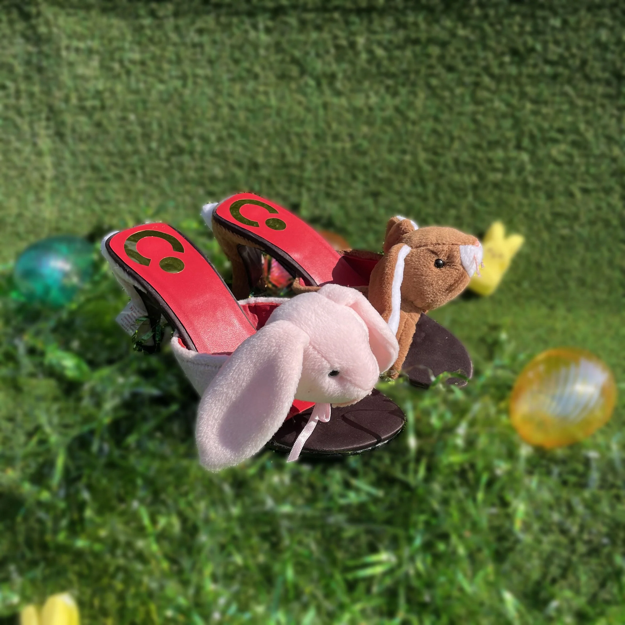 Beanie Baby Bunny Slides - 
Footwear experiment repurposing plush toys into sculptural shoe uppers.