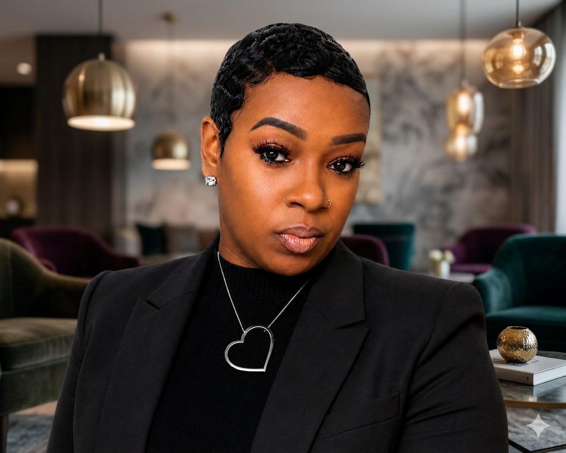 Portrait of a woman with short black hair, wearing a black blazer and a heart-shaped necklace, sitting in a modern, stylish lounge with pendant lights, velvet chairs, and marble decor in the background.