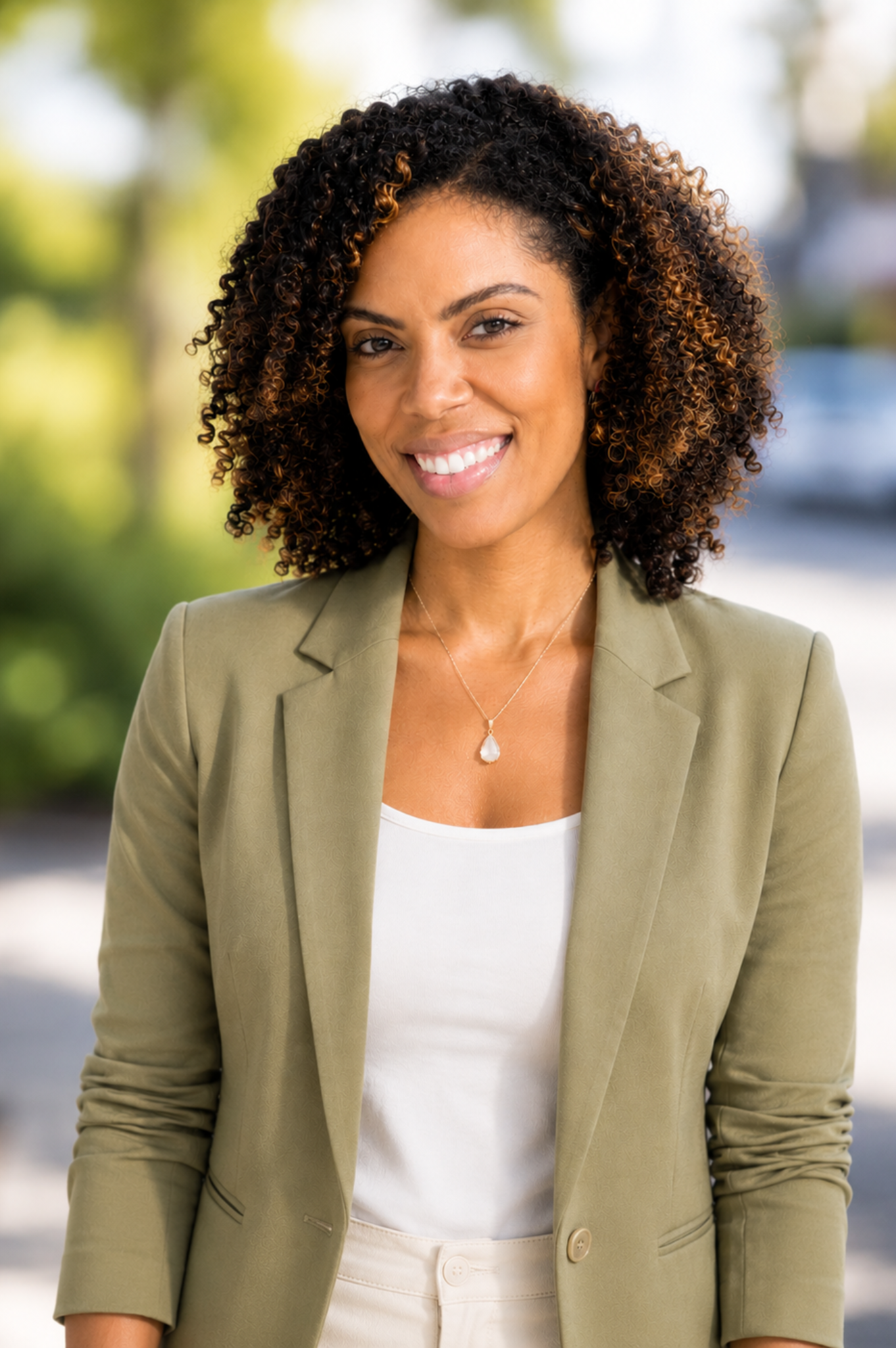 A woman with curly hair, wearing a beige blazer and a white top, smiling outdoors with a blurred background of trees and sunlight.
