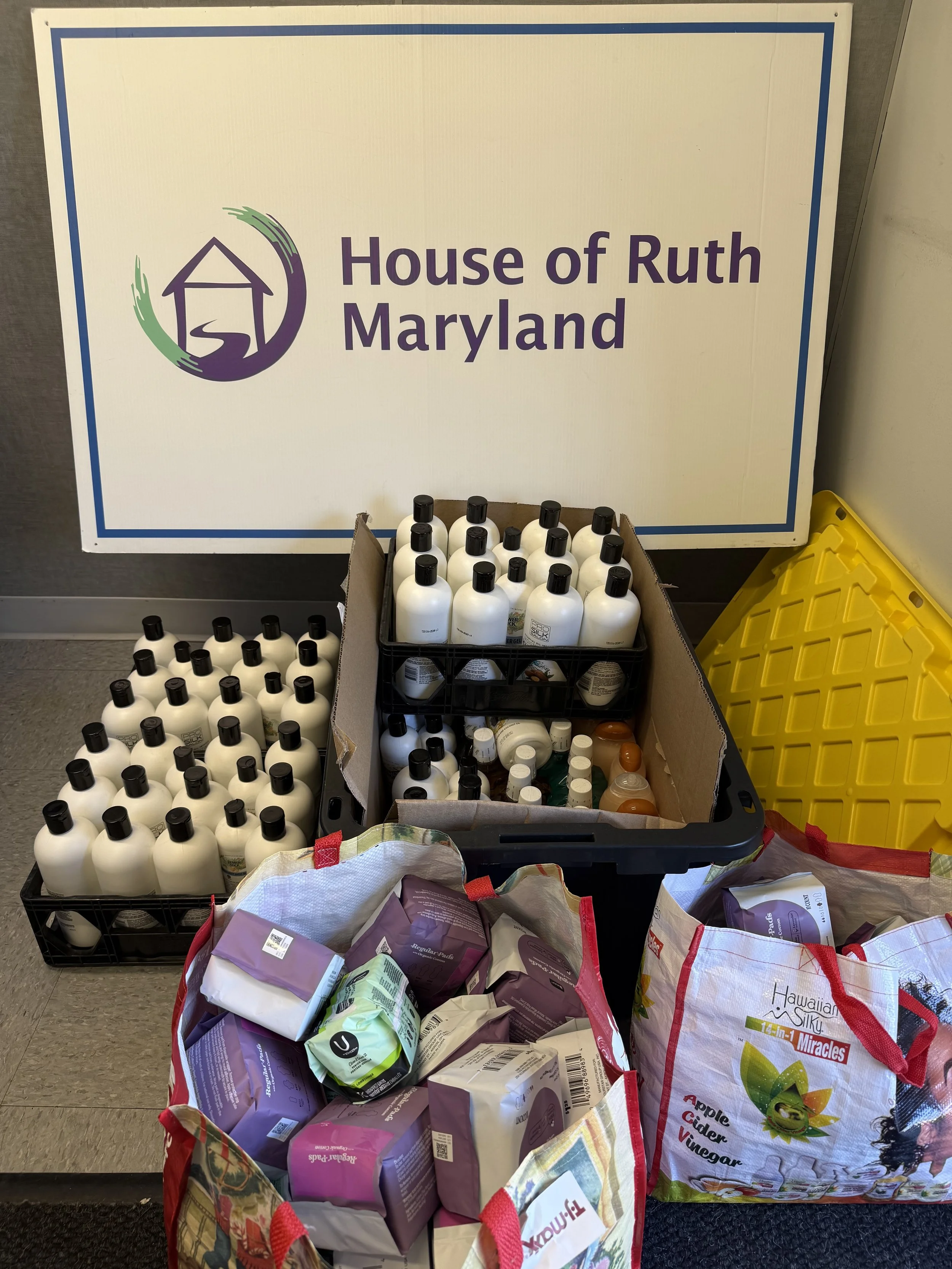 Display of health and household supplies, including bottles of lotion or sanitizer, pet food bags, and grocery bags, with a sign reading 'House of Ruth Maryland' in the background.
