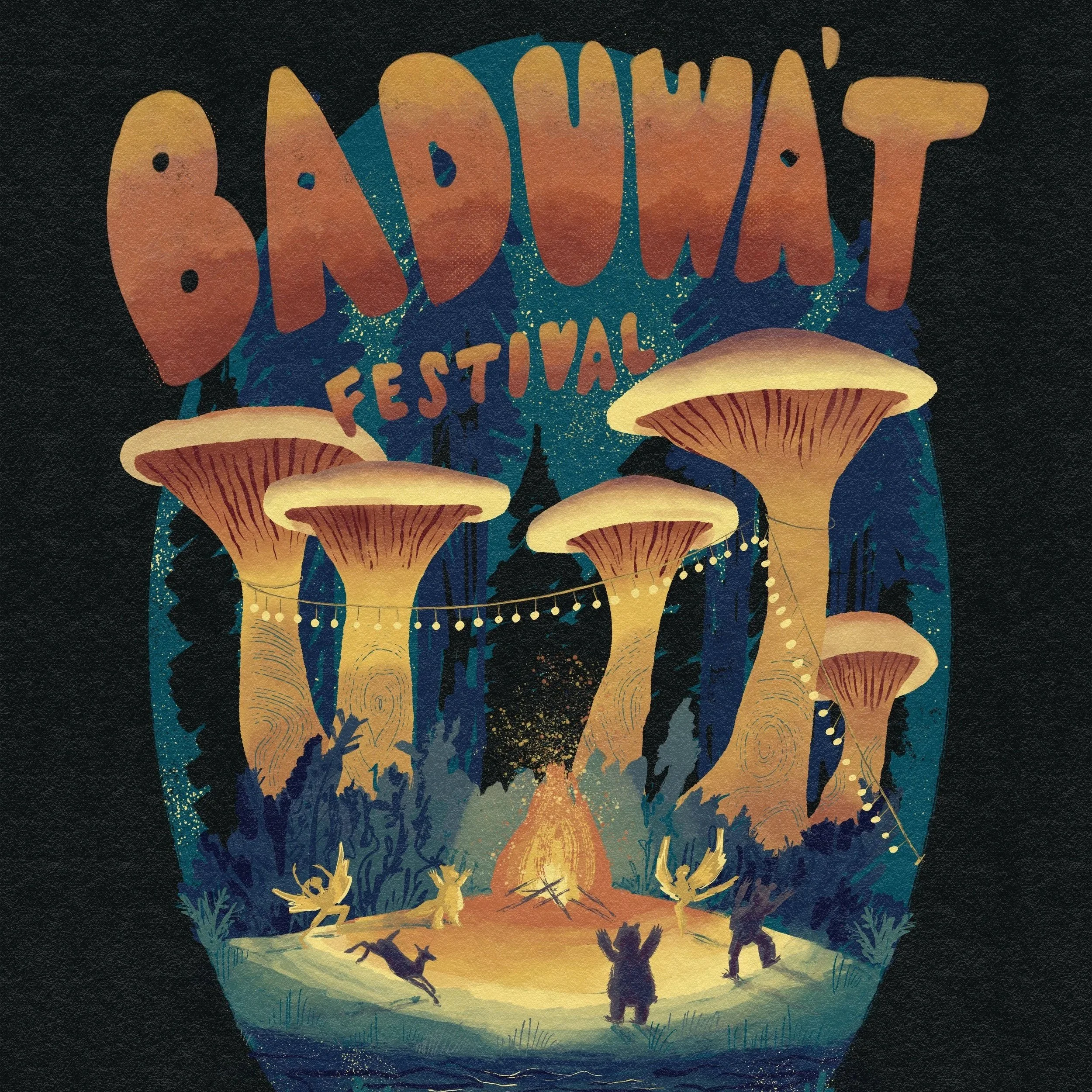 Colorful illustration for a festival, featuring large mushrooms, trees, and small animals or creatures at the bottom.