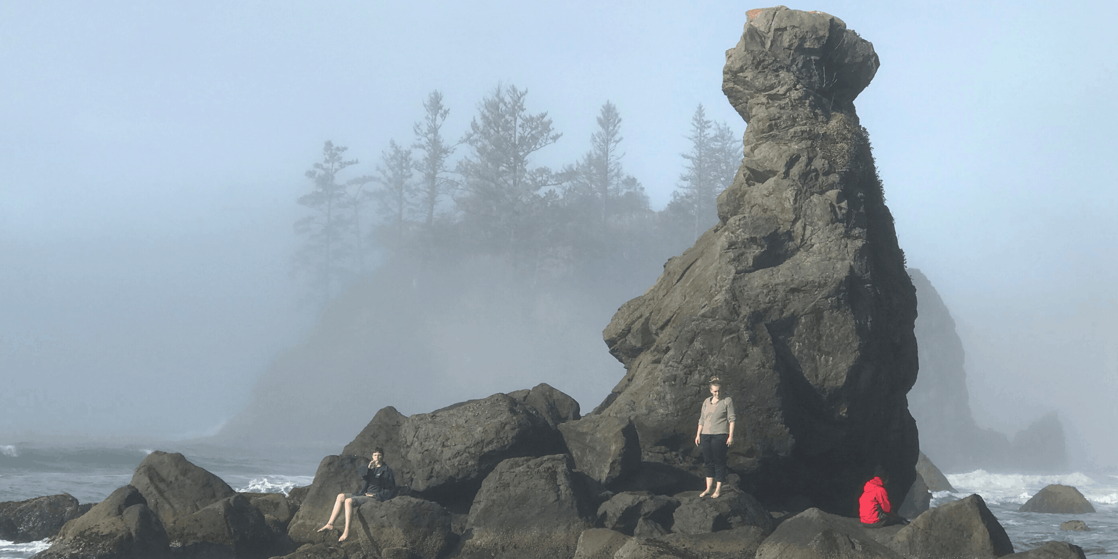 A foggy coastal scene with a large rock formation, trees in the background, and four people on the rocks: a woman sitting, a woman standing, a person sitting in a red jacket, and a person standing in a gray shirt.