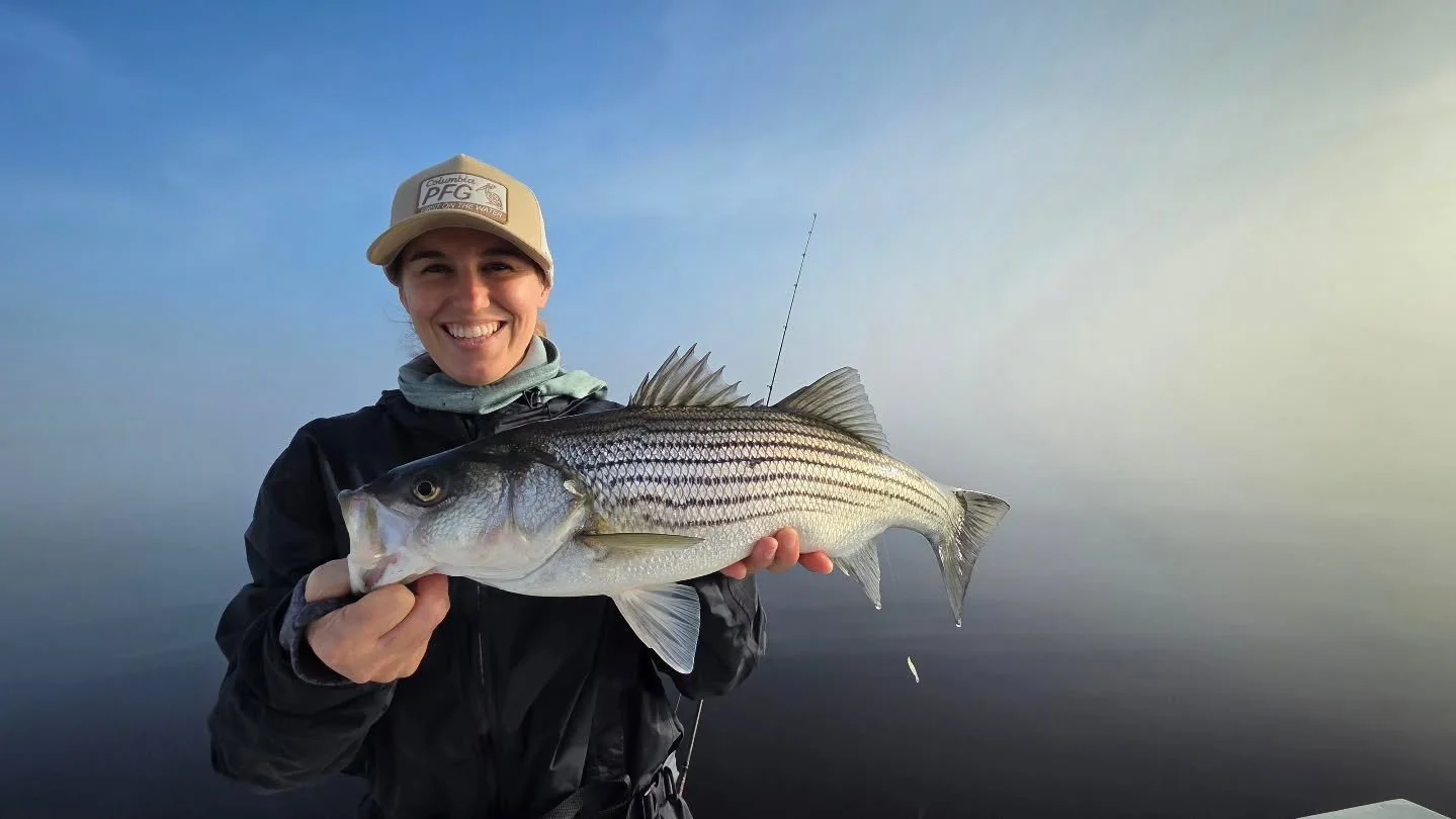 Took @ba_fishing_ on a foggy morning striper adventure during our recent calm weather stretch. Follow her and check out her YouTube for more striper action from the trip. #ocnjfishing #oceancity #stripedbass #catchandrelease #fishing