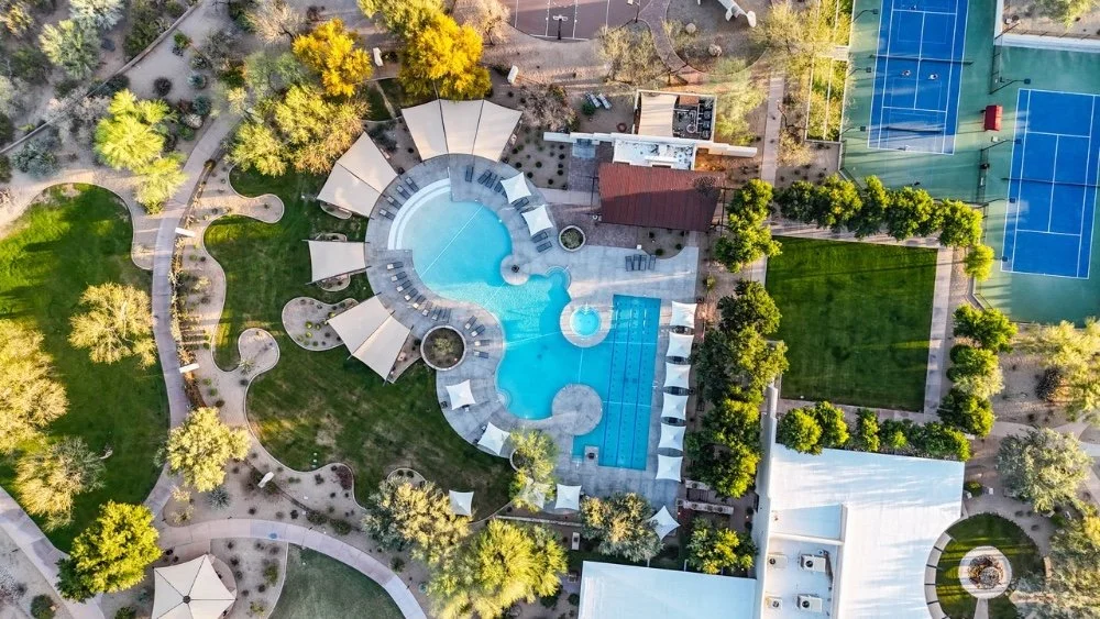 Aerial view of The Club at Aviano, the shared amenity center serving the Aviano master plan in Desert Ridge