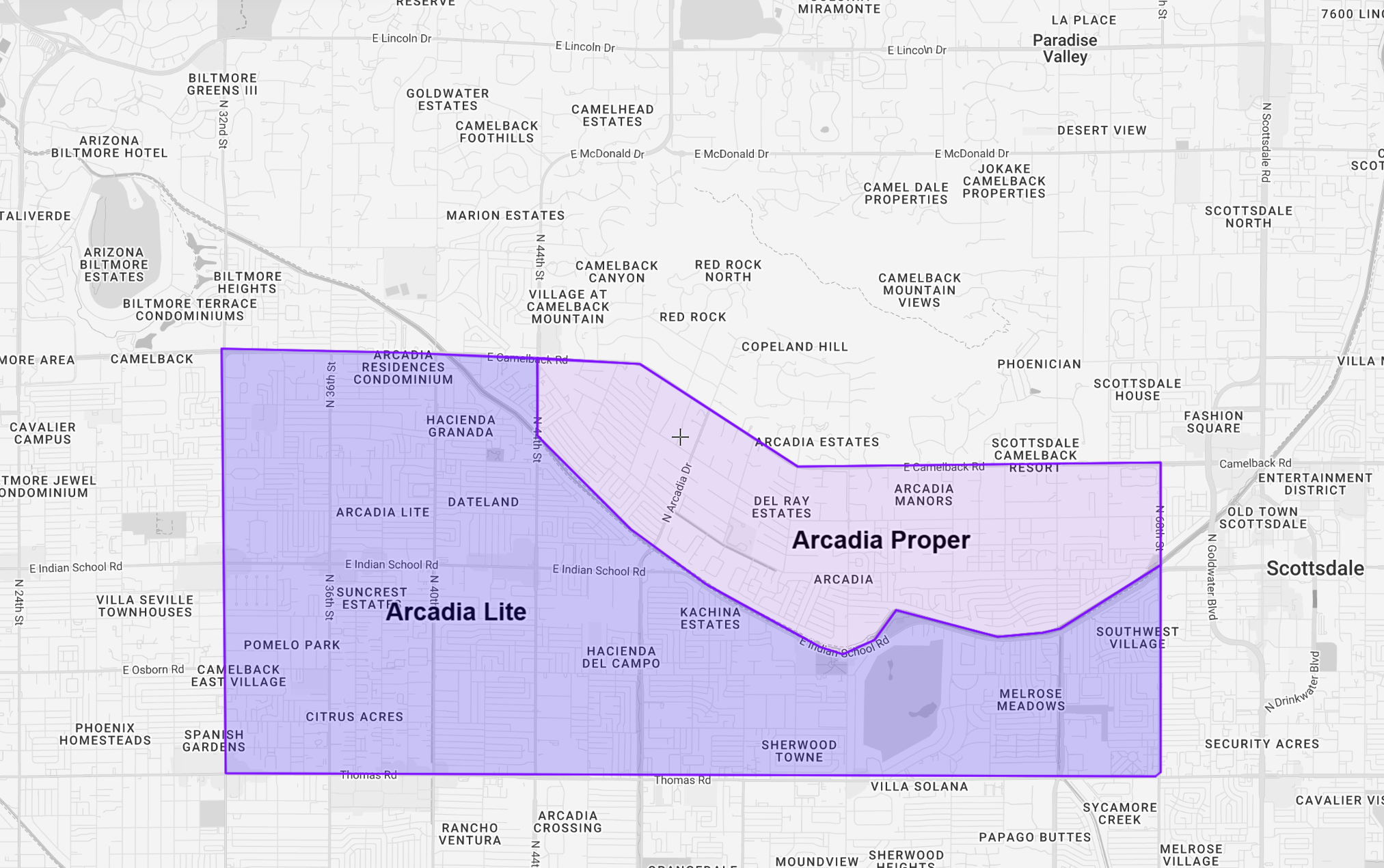 Map showing the neighborhood boundaries of Arcadia in Phoenix, Arizona