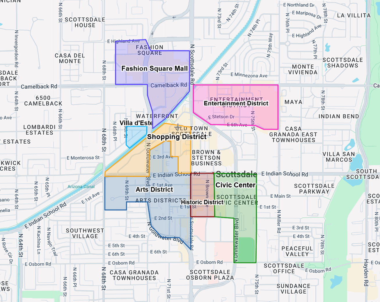 Map showing the location of Villa d'Este condominiums in relation to Old Town Scottsdale, Arizona