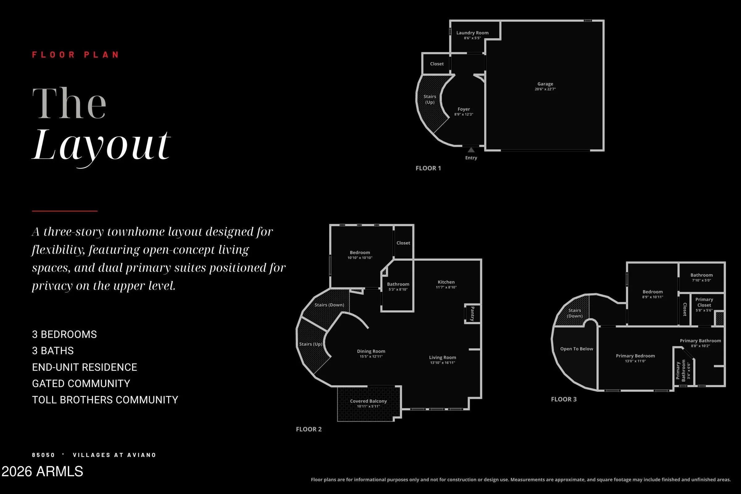Floor plan for 3935 E Rough Rider Road #1252, a three-level condo in Villages at Aviano