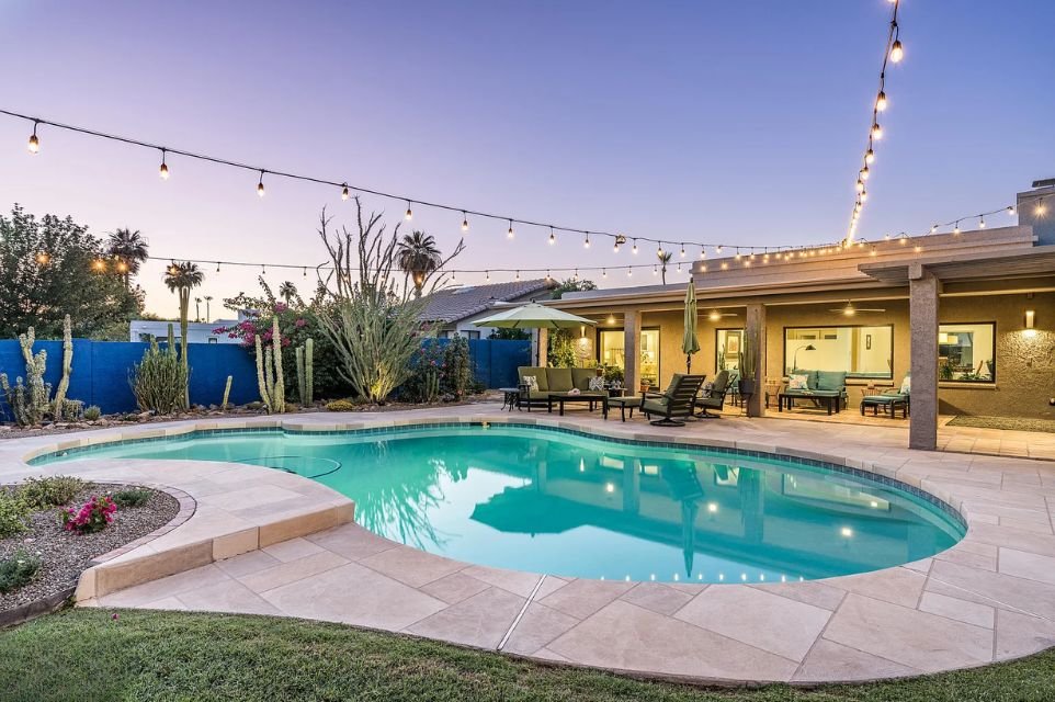 Backyard swimming pool and covered patio at 9014 N 81st St in McCormick Ranch, Scottsdale