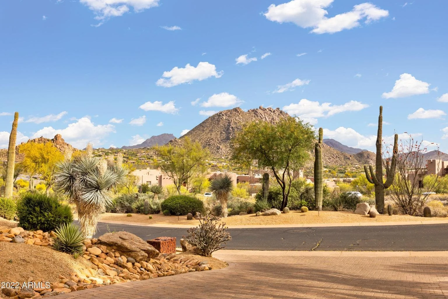 Desert landscape with cacti, trees, rocky terrain, and a mountain in the background under a partly cloudy sky.