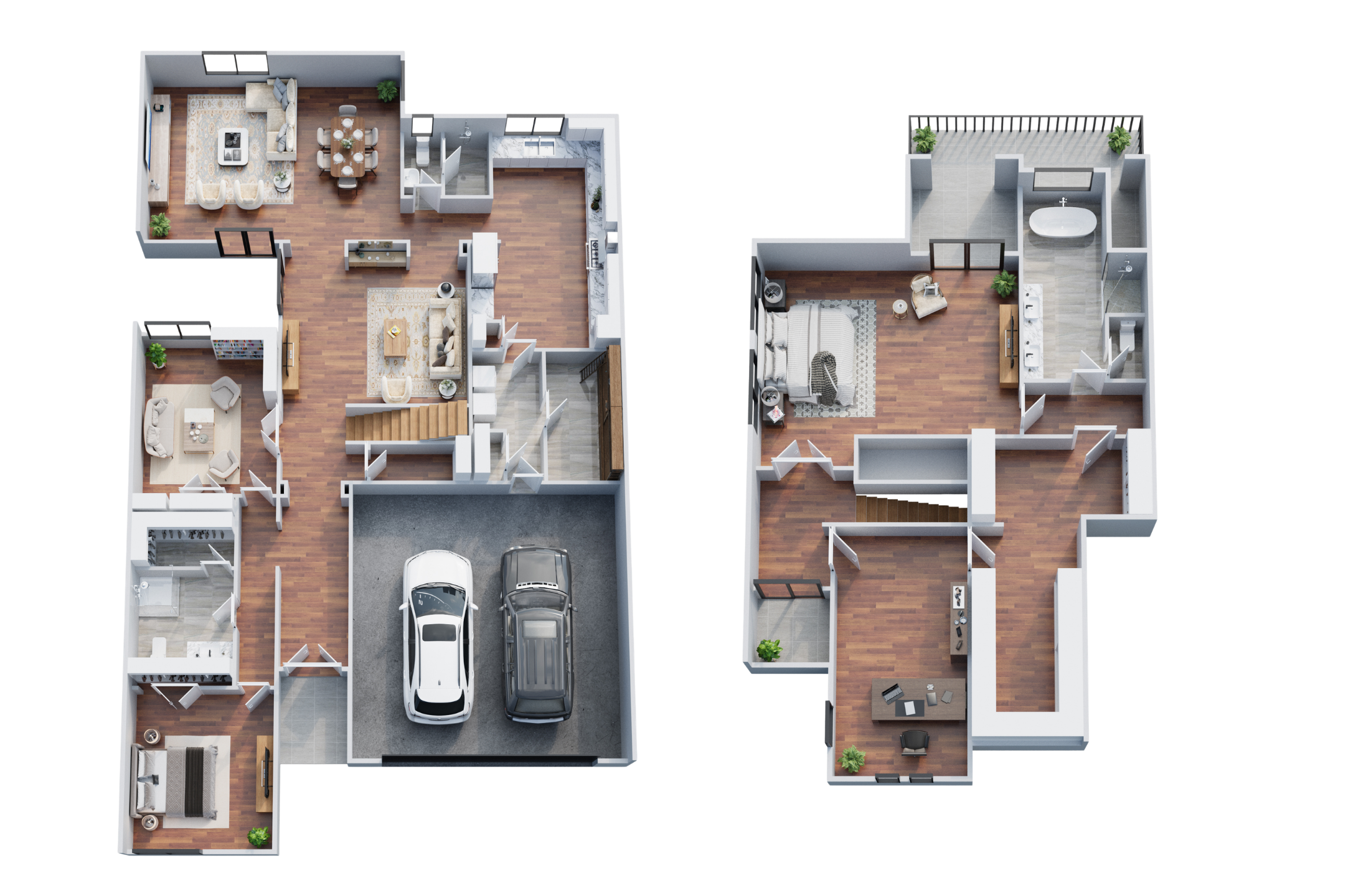 Floor plan of a modern house showing garage with two cars, living room, dining area, kitchen, bedrooms, and bathrooms with walk-in showers and tubs.