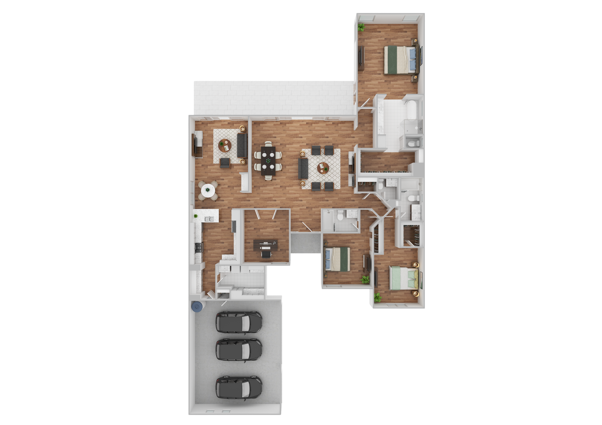 3D floor plan of a house with an attached garage, living room, dining area, kitchen, three bedrooms, and a three and half bathrooms.