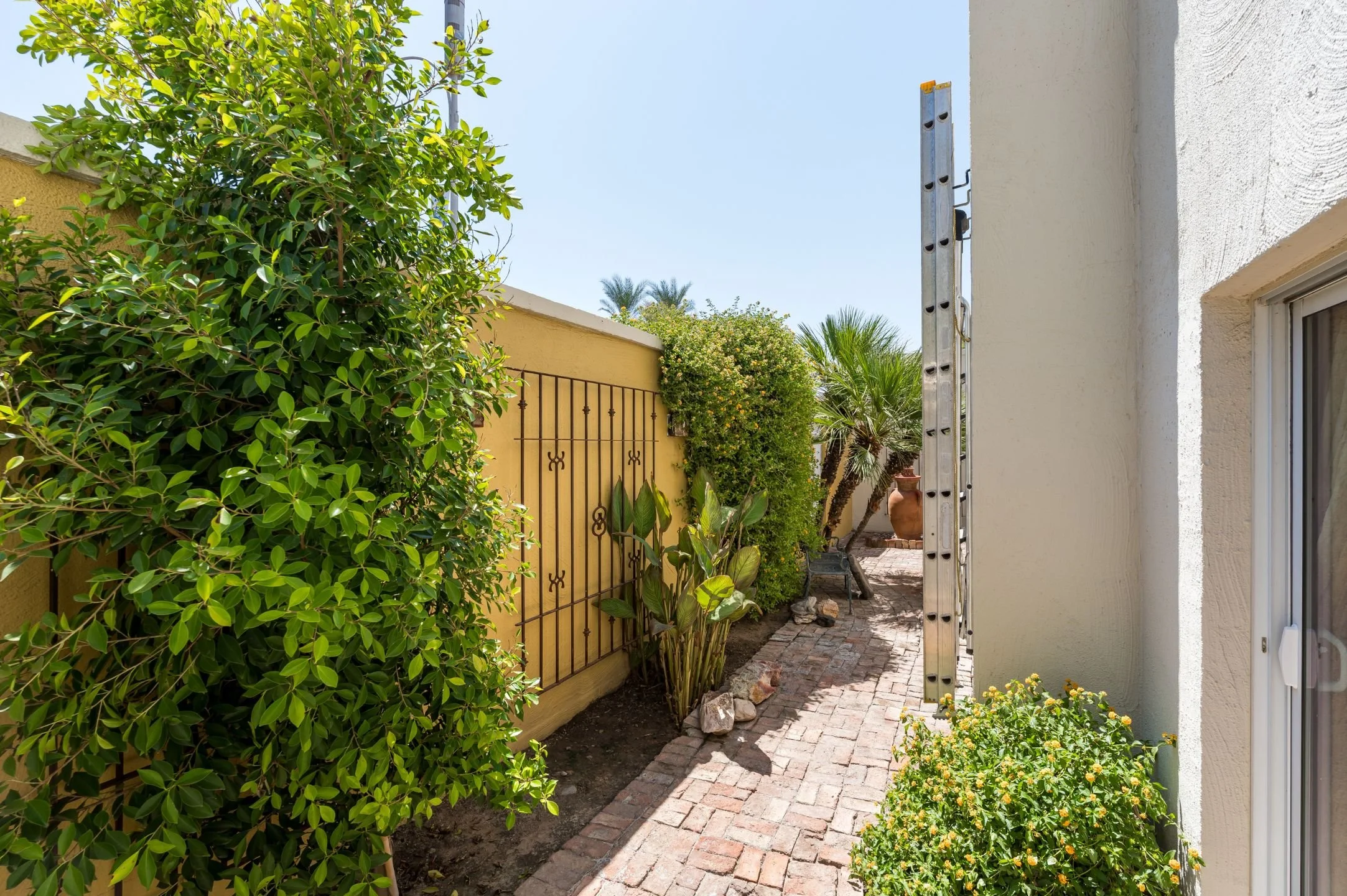 A narrow brick pathway in a backyard or garden area, with green bushes and plants on one side, a yellow wall with a black wrought-iron gate, and a white stucco house wall with a window on the other side. There is a ladder leaning against the house wall and a few potted plants and decorative rocks along the path.