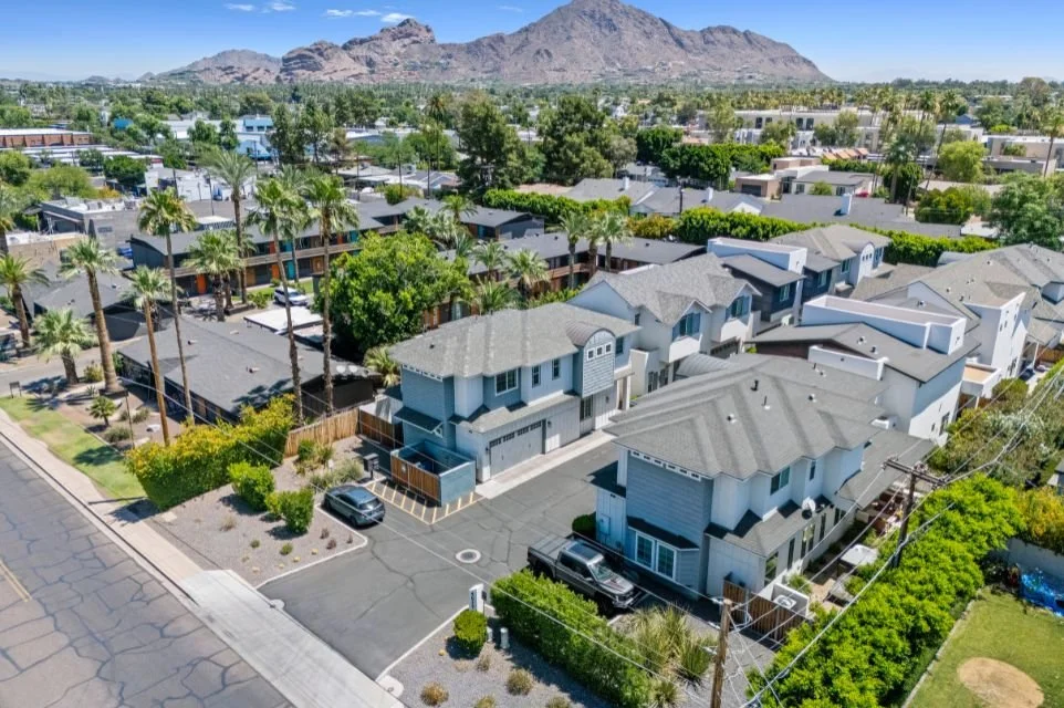 Aerial view of Arcadia Lite neighborhood in Phoenix Arizona with Camelback Mountain backdrop and luxury residential homes