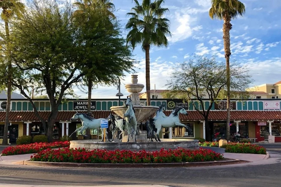 Horse fountain sculpture in Old Town Scottsdale's Fifth Avenue shopping and dining district