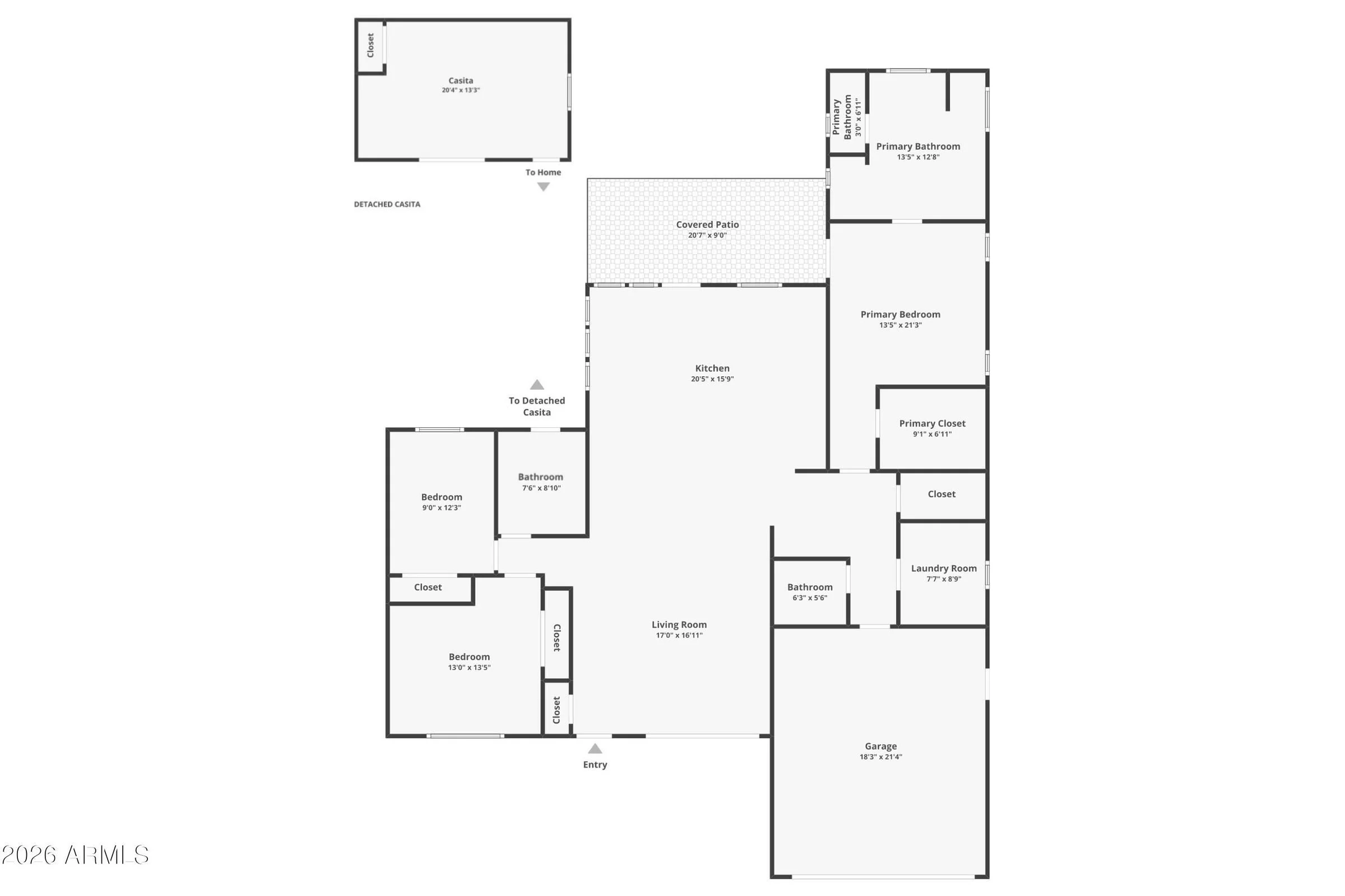 Floor plan for 4923 E Indianola Avenue, a remodeled 1955 ranch with detached guest house in Arcadia Lite