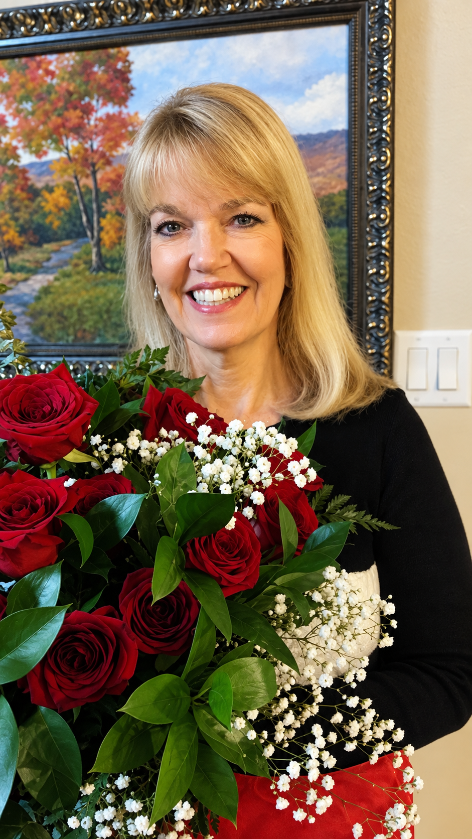 A woman with blonde hair holding a bouquet of red roses and white baby's breath flowers, standing indoors with a colorful autumn landscape painting in the background.