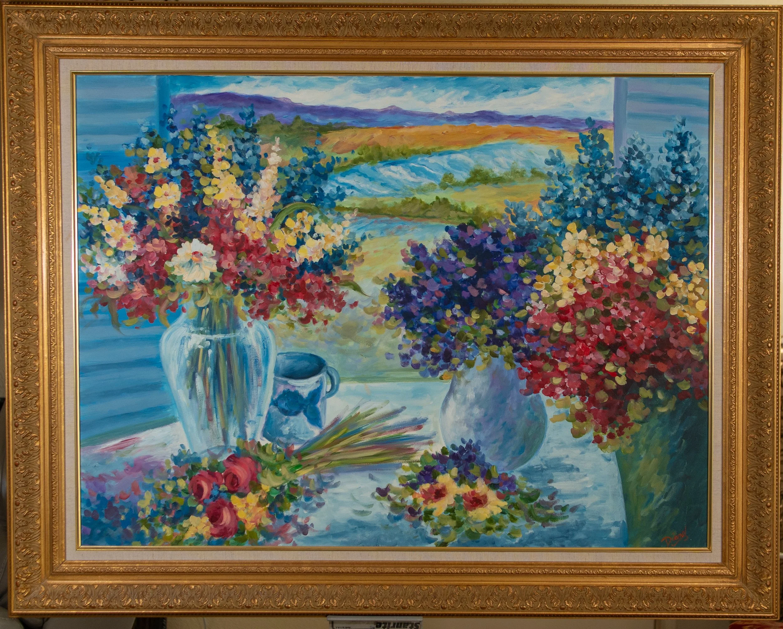 Elegant Floral Landscape Painting in Ornate Frame