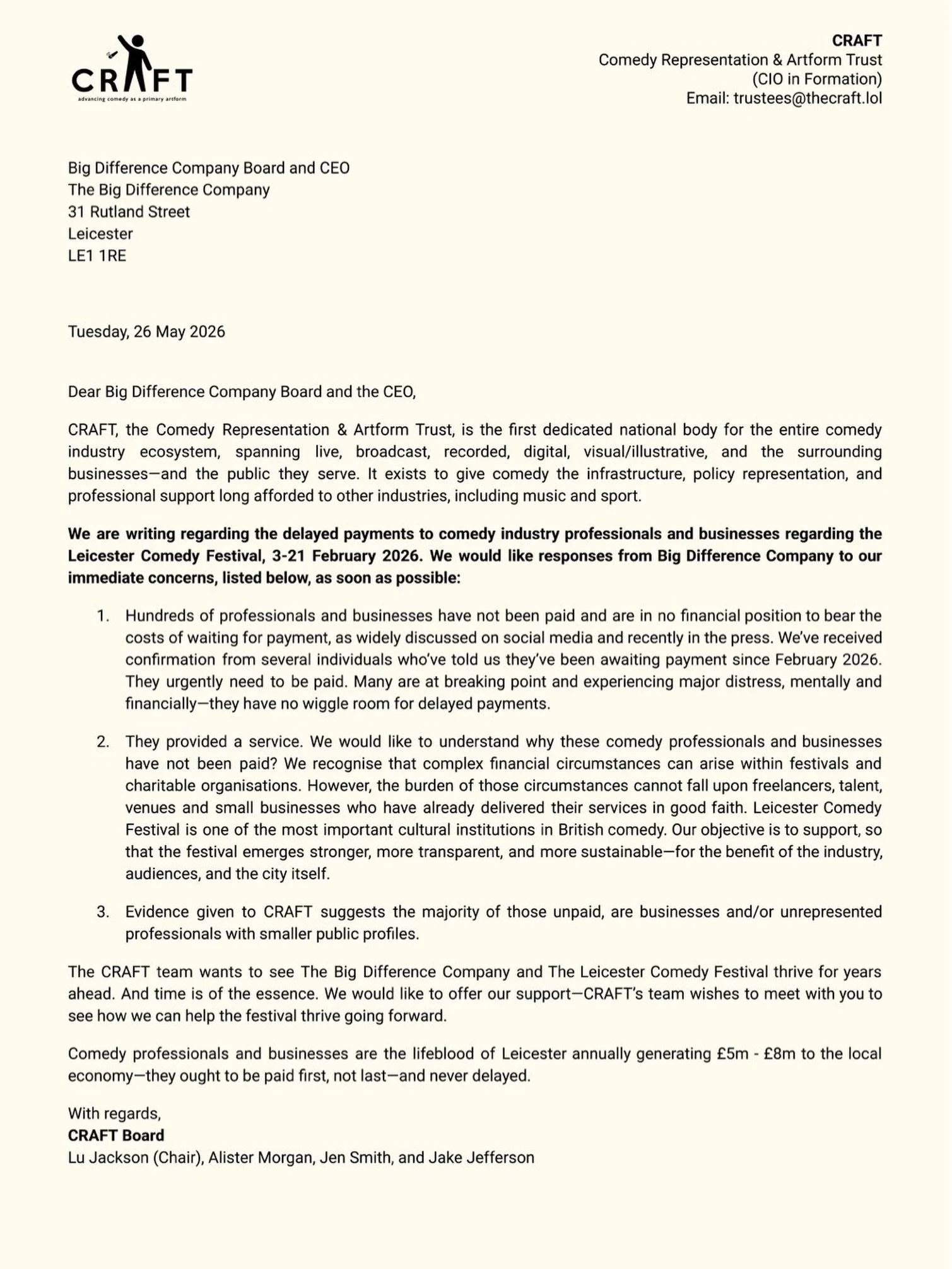 One of the most relevant issues in comedy right now? Hundreds of performers and businesses are currently facing severe financial strain due to delayed payouts from the Leicester Comedy Festival (LCF), managed by Big Difference Company (BDC). We know 