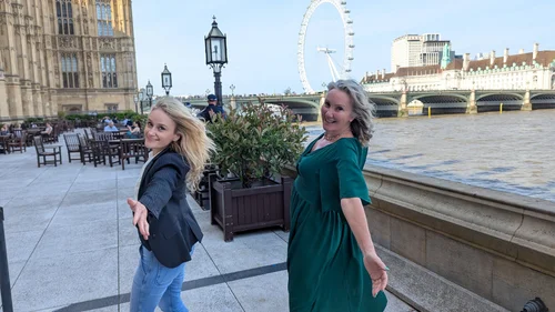 Dame Caroline Dinenage MP and Lu Jackson on the Terrace — why have serious photos when the sun is shining?