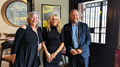 Professor Lesley Sloss, Lu Jackson and Creative Industries Minister Ian Murray at the King’s Theatre, Edinburgh.