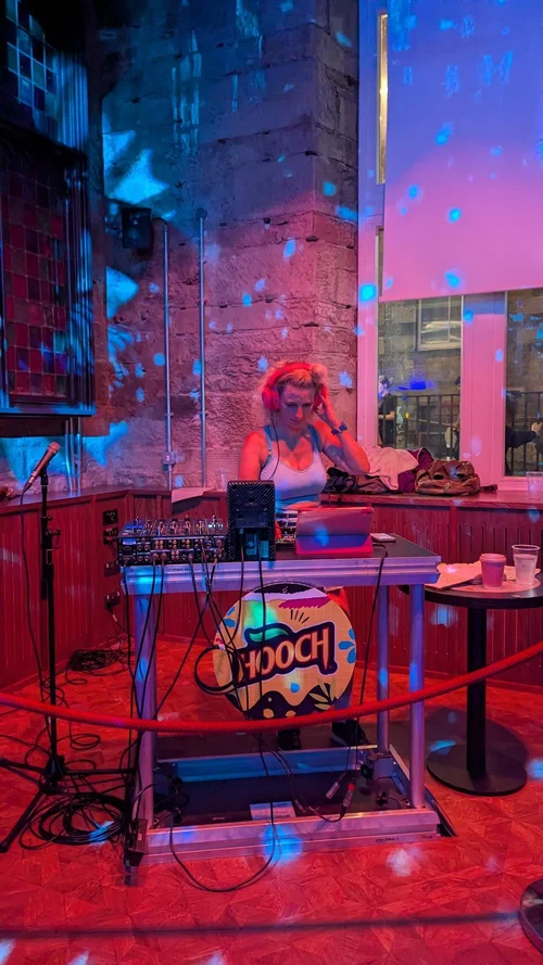 Comedian Felicity Ward DJs at the Fringe Gilded Balloon “So You Think You’re Funny?” after-party.