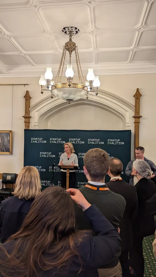 Samantha Niblett MP and Dom Hallas of Startup Coalition at the Health Tech Reception, Churchill Room, House of Commons.