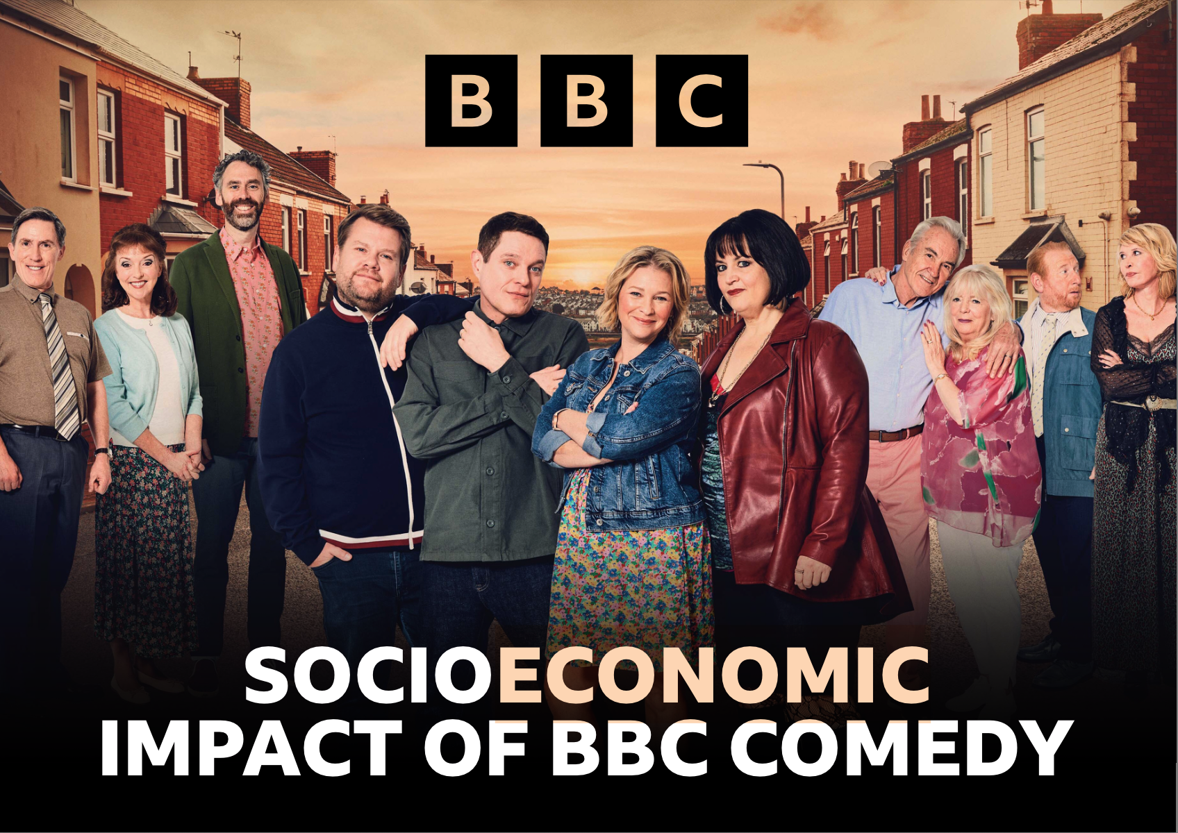 Group of diverse people standing on a street with houses during sunset, with the BBC logo and the title 'Socioeconomic Impact of BBC Comedy' overlaid.