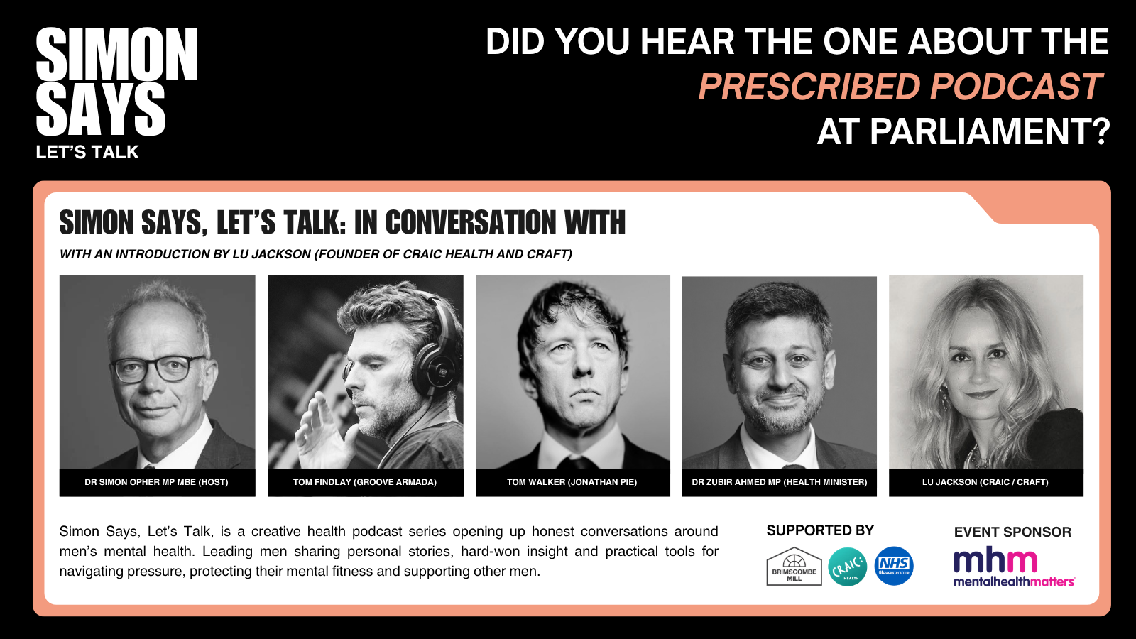 Promotional graphic for the 'Simon Says Let’s Talk' podcast series and event. Features headshots of five speakers: Dr. Simon Opher, Tom Findlay, Tom Walker, Dr. Zubir Ahmed, and Lu Jackson. Text includes podcast details, sponsors, and an event sponsorship by mentalhealthmatters.