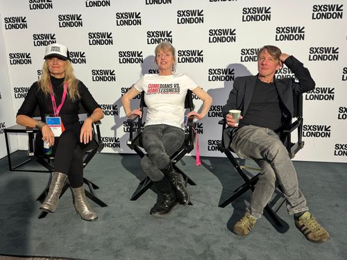 Lu Jackson, Jojo Sutherland and Tom Walker (Jonathan Pie) at SXSW London 2025.