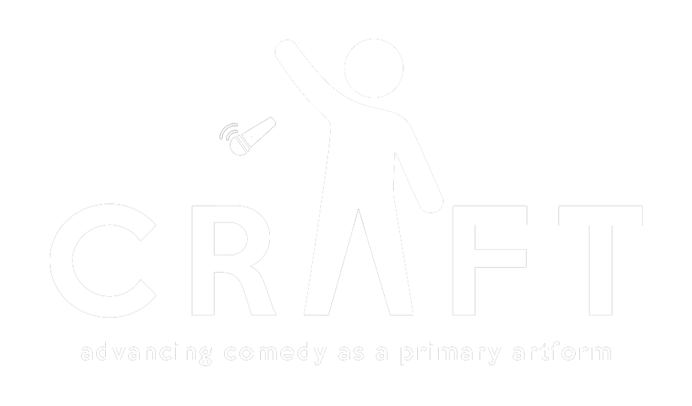 A black and white logo for CRAFT with a stick figure waving a hand and a microphone next to its head, and the tagline "advancing comedy as a primary artform".